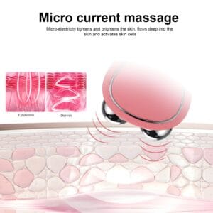 Roller Face Massager in a modern home setting showcasing its chic pink and white design, highlighting advanced skincare technology