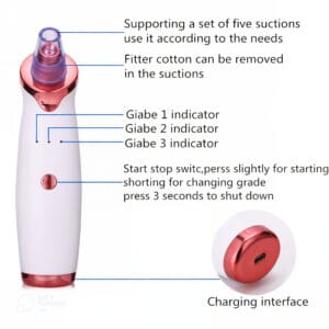 Diagram of the Electric Blackhead Remover highlighting its features including multiple suction heads, control button, and USB charging port.