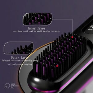 Close-up of the 2-in-1 hair straightener brush, detailing its anti-scald inner comb and anti-tangle outer teeth for safe styling.