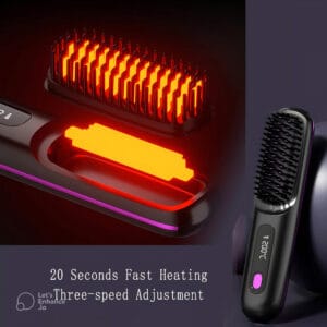 Wireless hair straightener brush illustrating its rapid 20-second heating technology and three adjustable temperature settings for efficient styling.