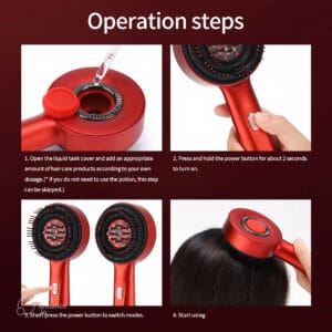 Step-by-step guide showing how to use the Red Light Hair Massage Comb, from filling the serum tank to applying it on the scalp.