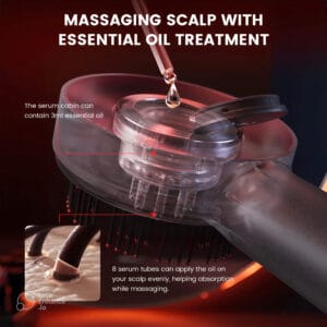 Detailed view of the Red Light Hair Massage Comb's head, highlighting the serum cabin and applicator tubes for essential oil scalp treatment.