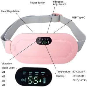 Smart Menstrual Heating Belt with display, vibration, and temperature control buttons