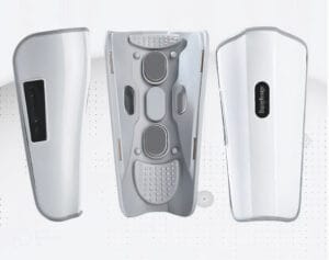 Smart Pulse Massager shown in use on both the calf and arm, demonstrating its versatile design and adjustable straps for targeted muscle relief.