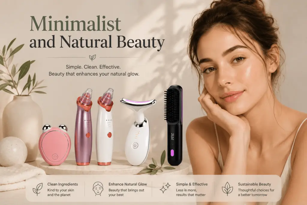 Minimalist and natural beauty skincare routine with facial beauty devices and glowing skin