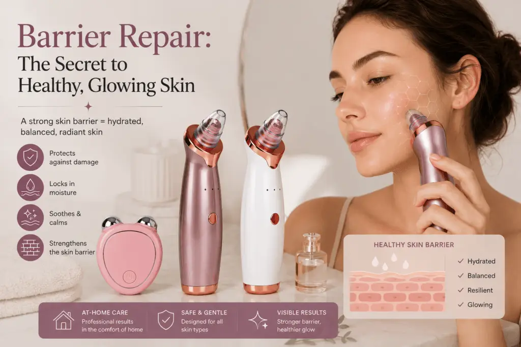 Barrier repair skincare routine with facial beauty devices for healthy glowing skin.