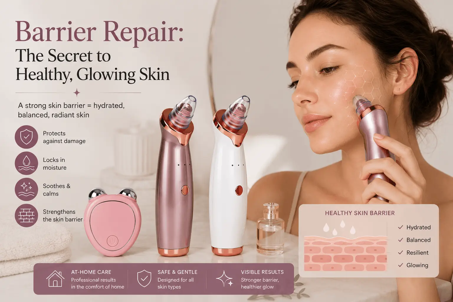 Barrier repair skincare routine with facial beauty devices for healthy glowing skin.