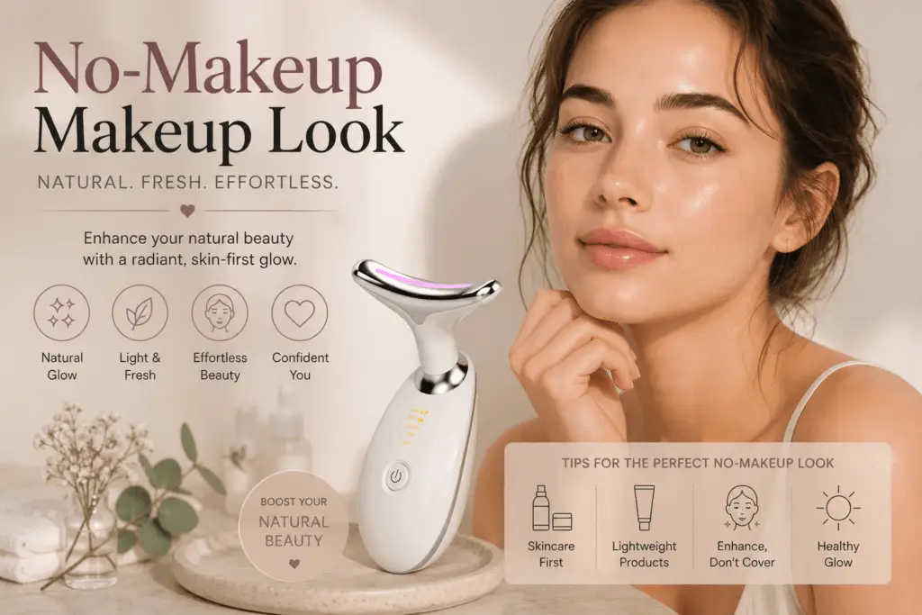 No-makeup makeup look with a Face Revitalizing Massager for natural glowing skin.