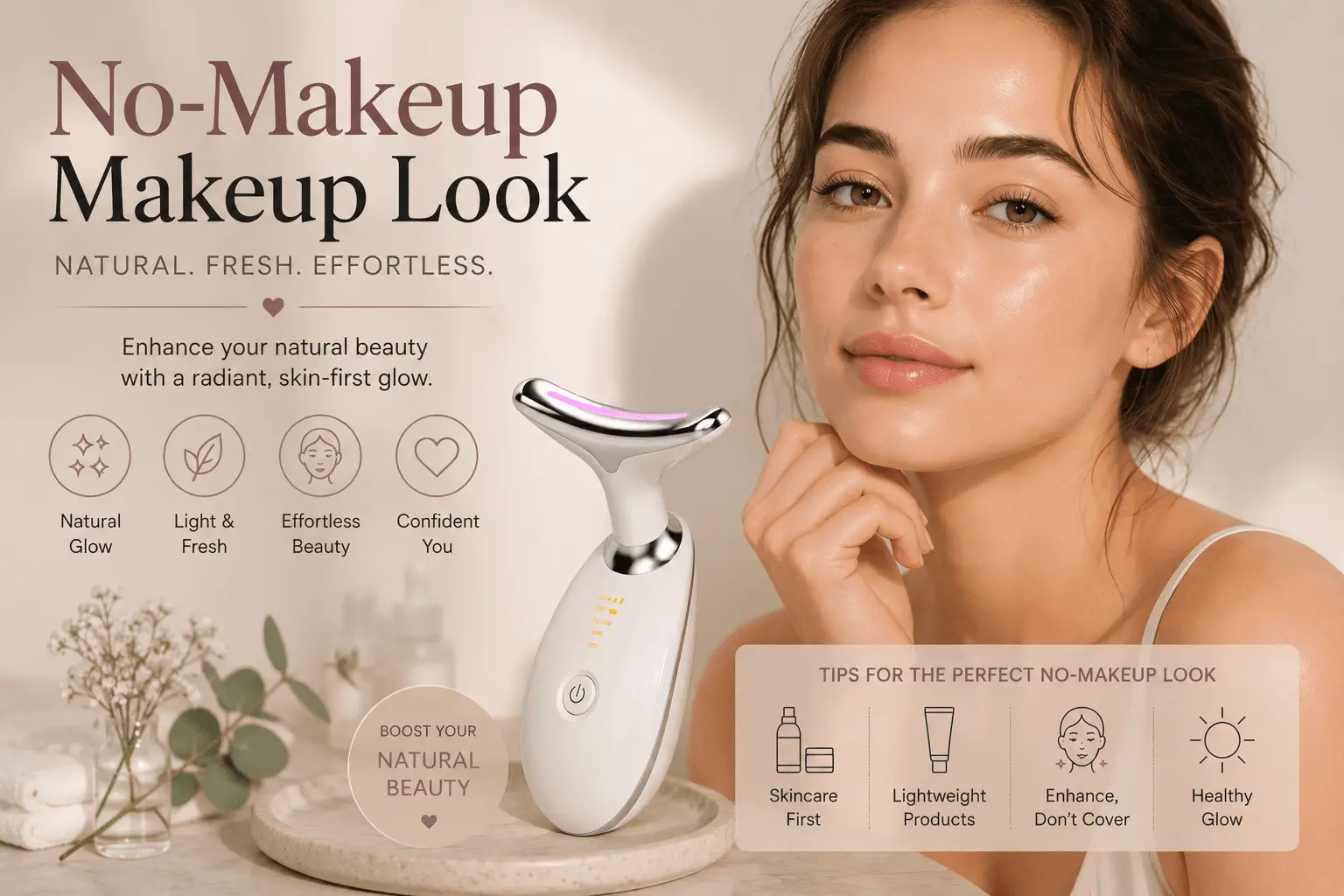 No-makeup makeup look with a Face Revitalizing Massager for natural glowing skin.