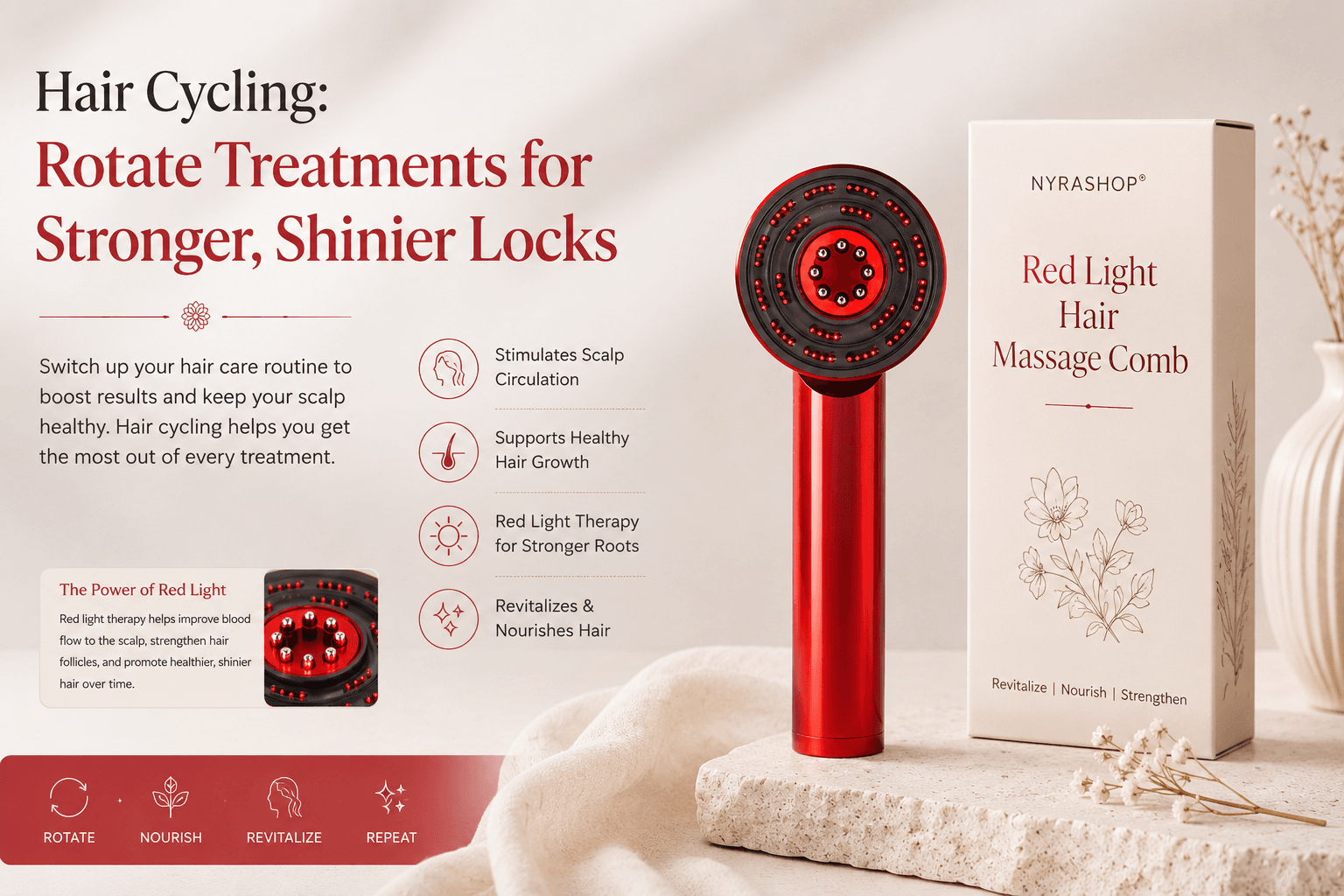 Red Light Hair Massage Comb for hair cycling, scalp stimulation, and stronger shinier hair