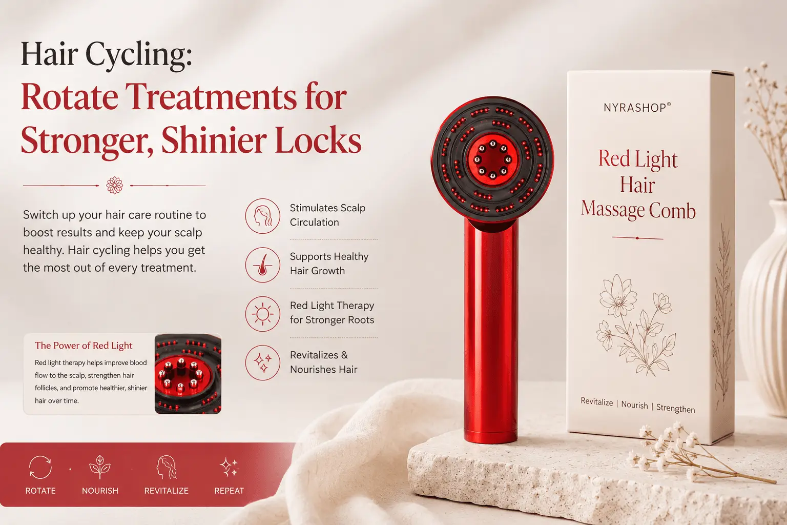 Red Light Hair Massage Comb for hair cycling, scalp stimulation, and stronger shinier hair