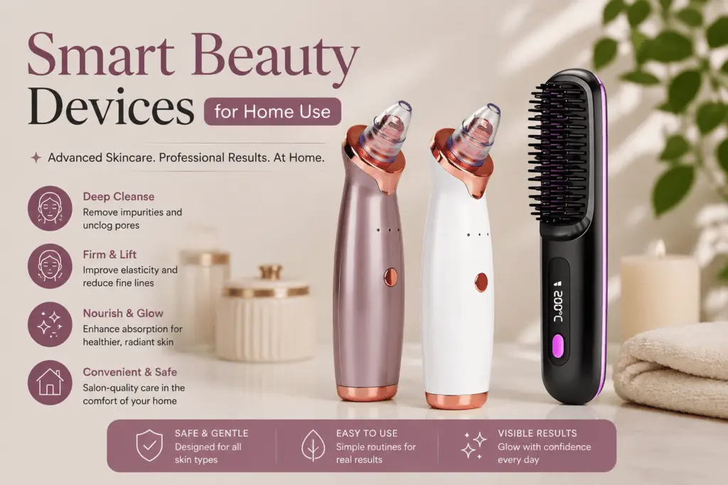 Smart beauty devices for home skincare and hair care with pore cleanser and heated styling brush
