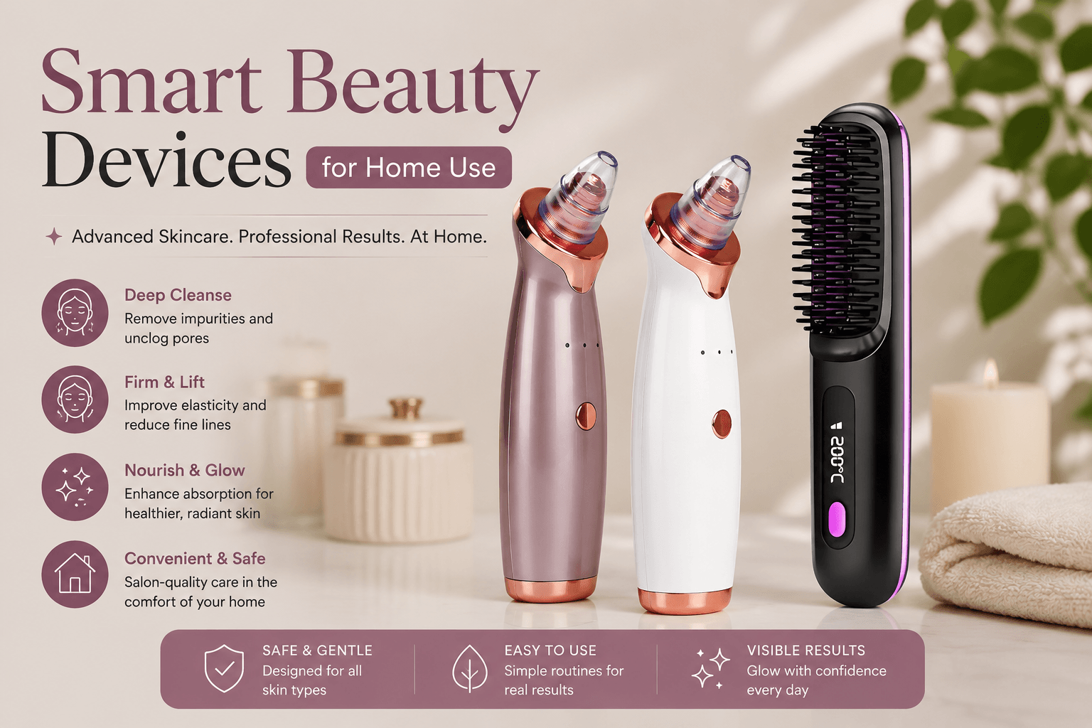 Smart beauty devices for home skincare and hair care with pore cleanser and heated styling brush