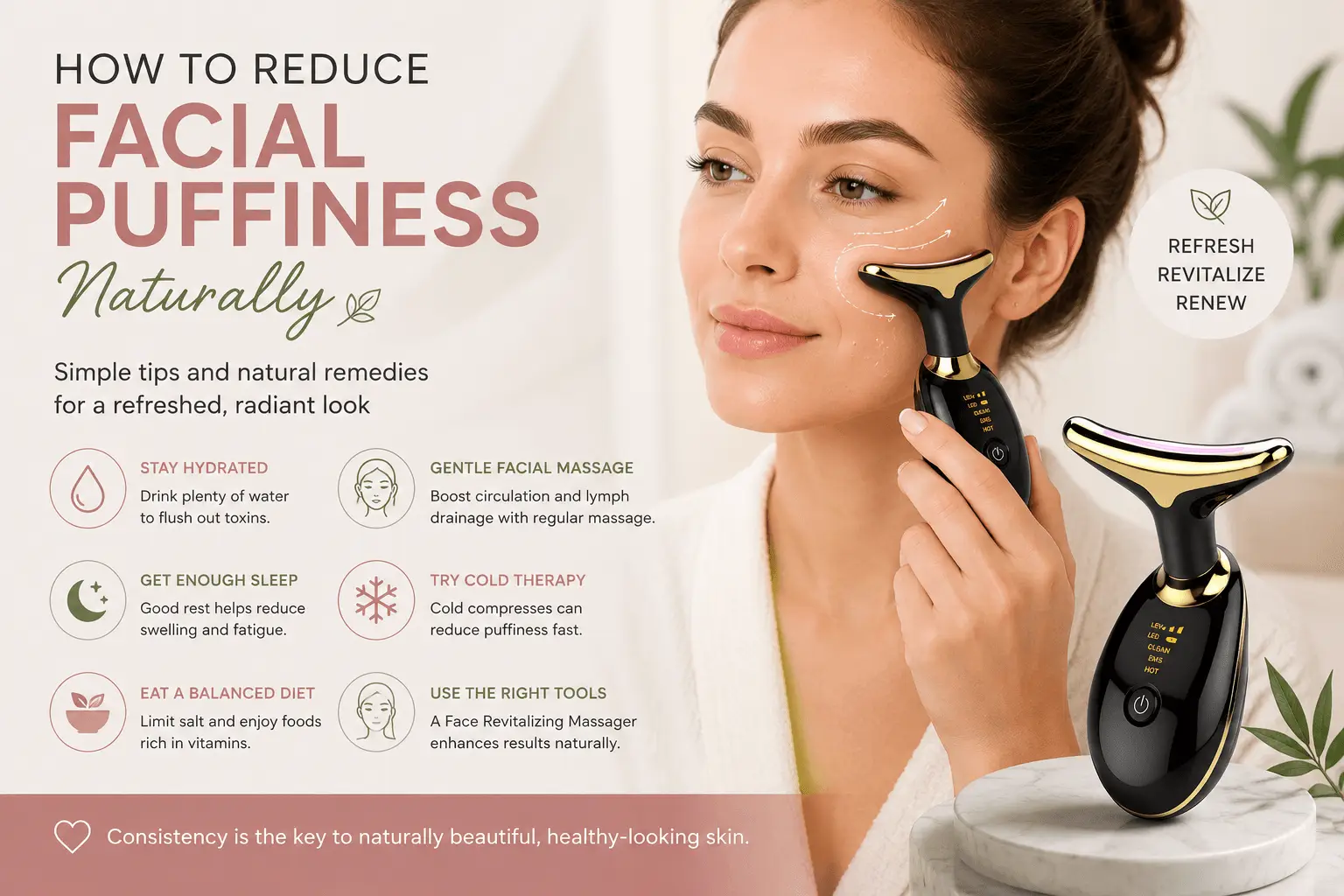 Woman using a Face Revitalizing Massager to reduce facial puffiness naturally