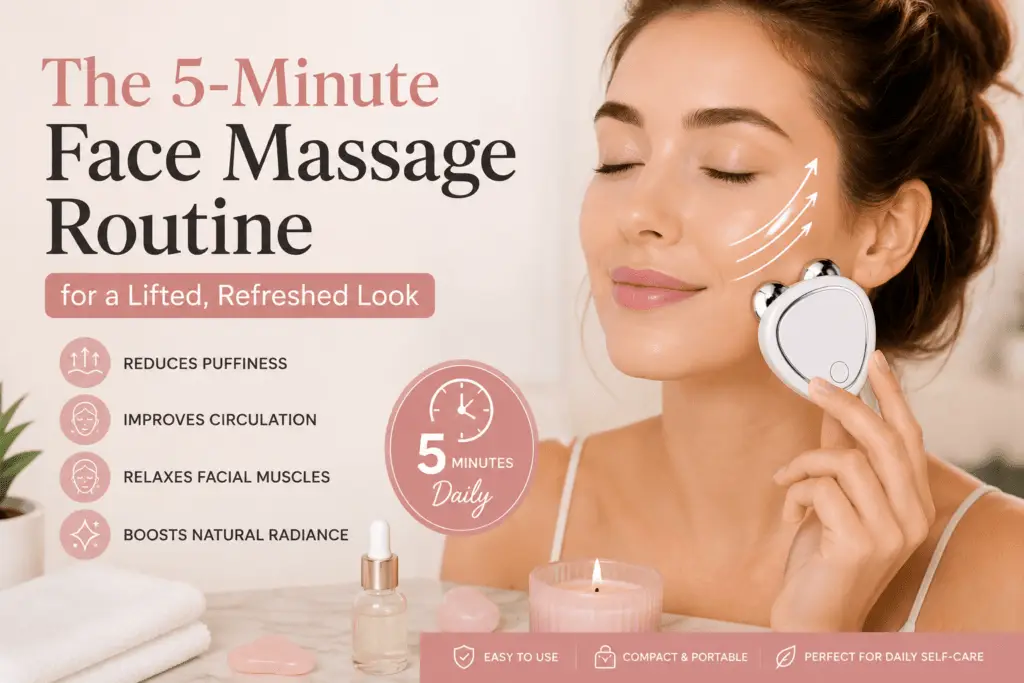 Woman using a Roller Face Massager during a 5-minute face massage routine for lifted, refreshed skin